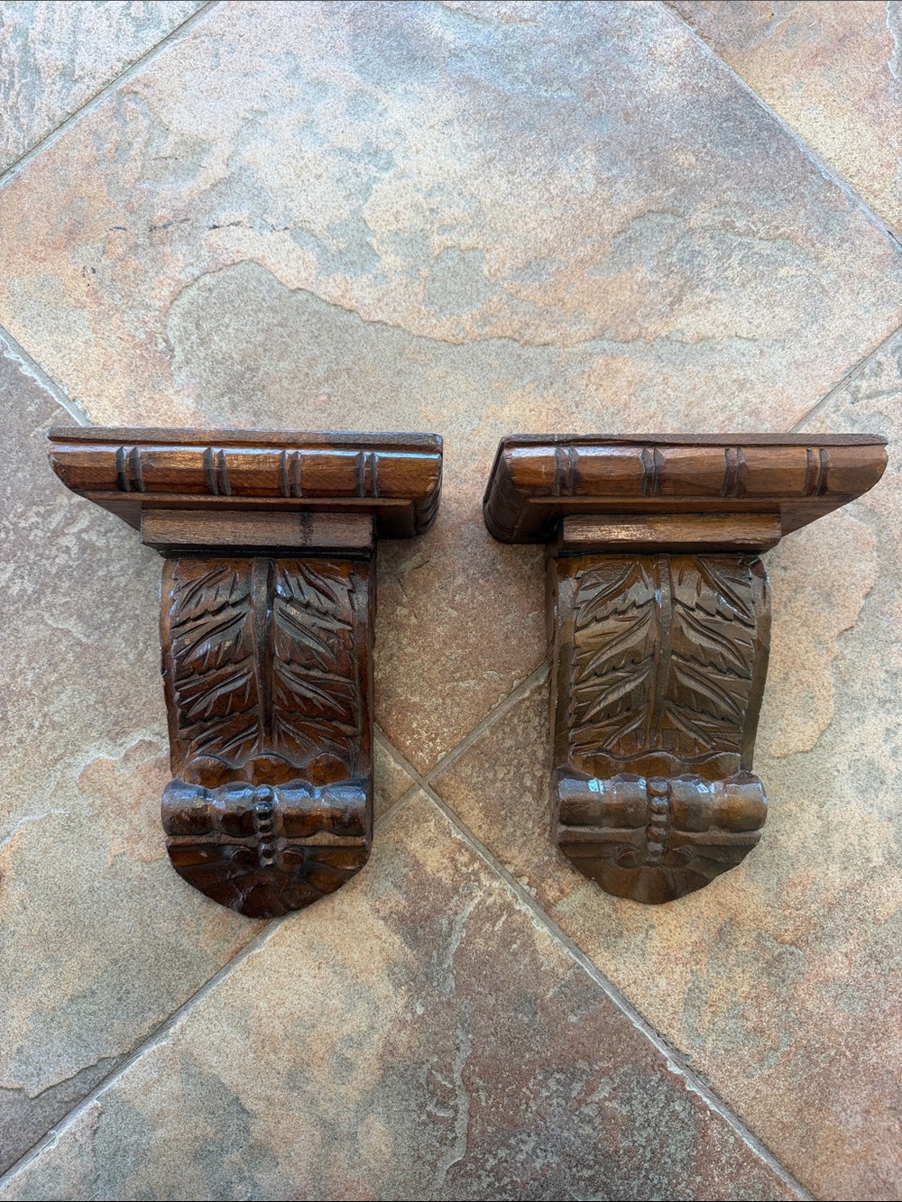 Ornate Carved Wood Wall Shelves in Dark Brown. Set of 2.